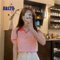 Aki20เสื้อสไตล์เกาหลีสำหรับผู้หญิงเสื้อหนาวคอโปโลคอปกดีไซน์ใหม่2023สีตัดกันเสื้อครอปนักเรียนผู้หญิงแบบลำลองทรงสลิมโจ๊กเกอร์เสื้อครอปสำหรับผู้หญิง