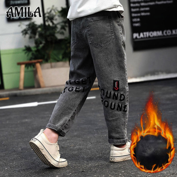 amila-กางเกงยีนส์หนาขนแกะสำหรับเด็กผู้ชาย