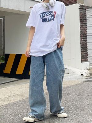 【CC】✧  intage Aesthetics Jeans Fashion Denim Waist Streetwear Wide Leg Straight Trousers Cheap And Shipping