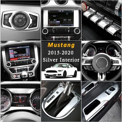 อุปกรณ์เสริม Hiasan Interior สีเงินทั้งชุด ABS สำหรับ Ford Mustang 2015-2020,ลูกบิด,ช่องลม,แผงหน้าปัด,คอนโซลกลาง,ลำโพง