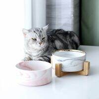 Marble Ceramic Dog Bowl Cat Food and Water Bowls Dish with Wood Stand Heavy Weight Pet Feeder for Big Flat Faced Cats Puppy Dogs