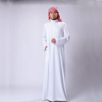 Saudi Arabia Traditional Costumes Man Muslim Jubba Thobe Solid White Stand Collar Polyester Long Robe Gown Islamic Clothing