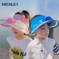 Michley หมวกบังแดดปีกกว้างแบบชาร์จหมวกบังแดดได้สำหรับเด็กพร้อมพัดลมรูปการ์ตูนน่ารักหมวกไหมพรมถัก