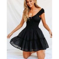 ZZOOI BOHO INSPIRED black dress for women mini strapless tied front pleated cap sleeve summer dress chic new party dress female