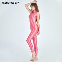 AMORESY New Glossy Silky Sleeveless One-Piece Zipper Full Body Sexy Womens Nine-Point Yoga Tights