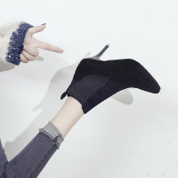 Ankle Boots Women Suede Short Boots Flock Pointed Fashion Winter Booties Woman Knitted Elastic Slip on High Heels Women Boots