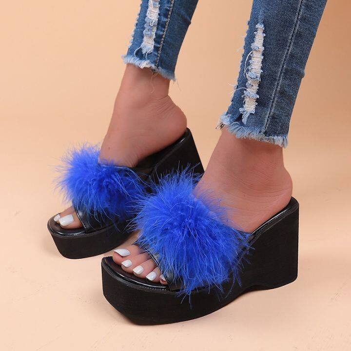 ขายดีที่สุด-ioztt2023-fashion-thick-sole-fluffy-slippers-female-summer-super-high-heels-flip-flops-fashion-outside-wedges-clip-feet-cool