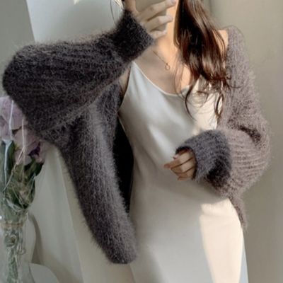 [COD] Korean ins autumn and winter all-match retro loose sleeves soft waxy furry knitted cardigan sweater short coat female