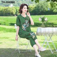 High-grade two-piece national summer short-sleeved dress new and linen button middle-aged old fashion show thin