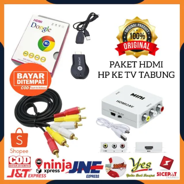 DB [ Lengkap sm Kabel 3RCA ] Paket HDMI Anycast Dongle + HDMI2AV