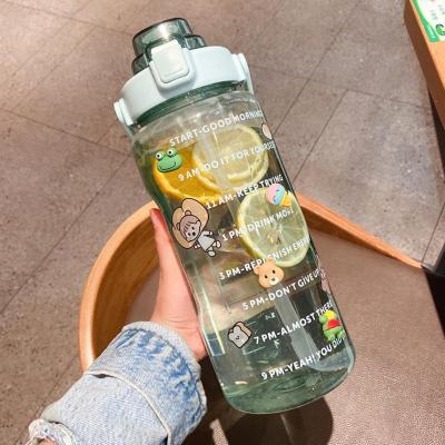2L Large Capacity Water Bottle Sports Fitness Graduated Straw Cup Plastic Water Cup Portable Outdoor Water Jug with Stickers