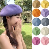 Women Beret Cap Spring Summer Single Thin Breathable Linen Woven Candy Color Beret Hat Net British All-Match Girls Painter Hat