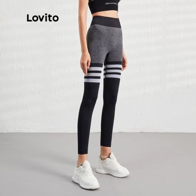 Lovito กางเกงเลกกิ้ง คัลเลอร์บล็อก ยืดหยุ่นสูง ผ้าแห้งเร็ว สไตล์สปอร์ต L07047 (สีดำ)