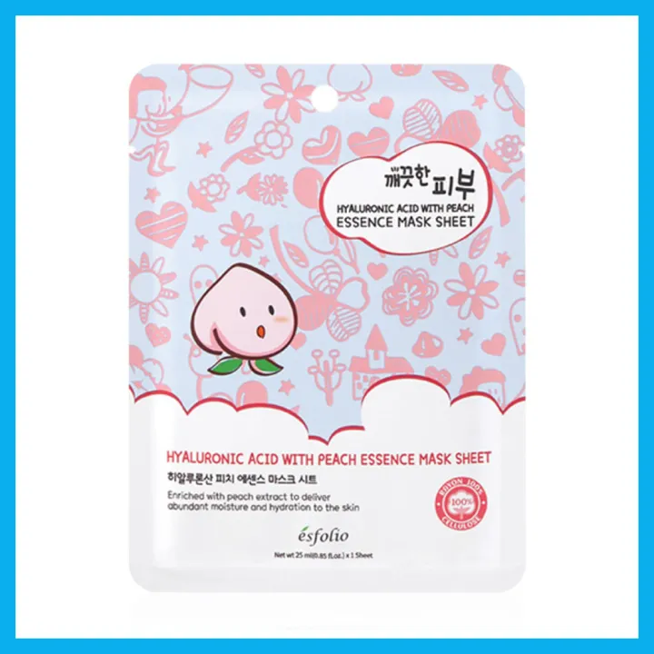 esfolio-pure-skin-hyaluronic-acid-with-peach-essence-mask-sheet-25ml-แผ่นมาสก์หน้า-พีช-มะเขือเทศ-ทับทิม-ซีบัคธอร์น-และไฮยาลูรอน