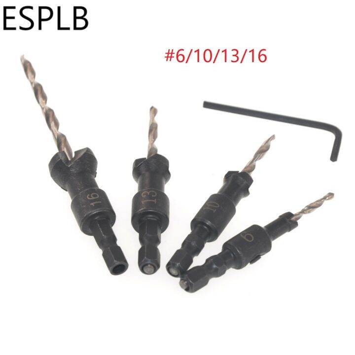 esplb-4ชิ้น1-4นิ้วเจาะซิงค์เคาน์เตอร์-hss-ก้านหกเหลี่ยมชุดบิต6-10-13-16รูสำหรับอ่างน้ำเจาะมุมเครื่องมือการทำงานไม้ช่างไม้