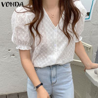 VONDA เสื้อแขนพองสั้นคอวีคอวีสำหรับวันหยุดแฟชั่นสำหรับผู้หญิงเสื้อเบลาส์สีพื้นสวมใส่สบายคอวีหรูหรา (ลายดอกไม้เกาหลี)