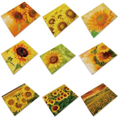 【CW】▽☏♚  Luxury linen sunflower Printed place mat coffee tea pad placemat cup Thanksgiving coaster doily kitchen
