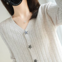 Womens Star button Cashmere Sweater Cardigan Knitted O-Neck Cardigan Spring and Autumn New Style Solid Slim-fit