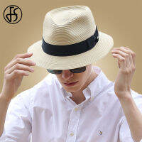 FS Vintage Panama Straw Hat Men Wide Brim Fedora Hats Mans Beach Sun Cap Jazz Ribbon Trilby Gangsters Caps Gentlemen