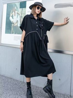 XITAO Dress Black Casual Loose Three-dimensional Flower Shirt Dress