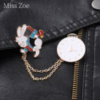 Cute Chain Bunny Enamel Pins Gentleman On-Time Bag Brooches Lapel Badge Cartoon Comic Jewelry Anniversary Gifts For Kids Friends