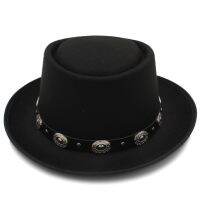 Men Pork Pie Hat Wool Flat Fedora Hat For Dad Gentleman Gambler Boater Trilby Jazz Hat Size 58Cm