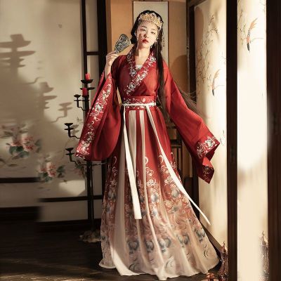 ชุดฮันฟุผู้หญิงโบราณแบบดั้งเดิมจีน,ชุดเจ้าหญิงฮานฟูชุดคอสเพลย์ผู้หญิงบนเวทีชุดเดรสเต้นรำฟ้าและแดง