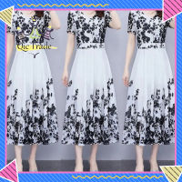 【จัดส่งที่รวดเร็ว✨】Women Summer Short Sleeves Dress V Neck Chinese Style Ink Printing A-line Skirt Casual Seaside Vacation Beach Dress