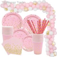 ™▪☼ Gold Pink Disposable Tableware Set Paper Plates Cup Napkin Baby 1st Birthday Party Decor Baby Shower Girl Party Supplies Balloon