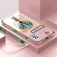 เคสเคสมือถือสำหรับ OPPO F11 Pro พร้อมฟรีสายคล้อง + โลโก้ Starbucks แฟชั่นชุบขอบสี่เหลี่ยมฝาหลังนิ่ม