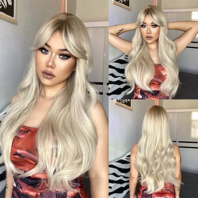 ALAN EATON Long Blonde Wavy Synthetic Wig with Bangs Ombre Light Blonde Curly Wig for White Women Cosplay Daily High Temperature [ Hot sell ] vpdcmi