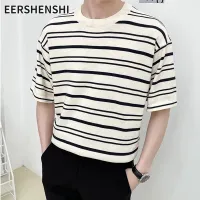 EERSHENSHI ผู้ชายลายแขนสั้นเสื้อยืดฤดูร้อนบางหลวมแฟชั่นเกาหลีเสื้อยืด