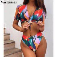 Colorful Female Swimsuit High Waist Bikini Women Swimwear Three-pieces Bikini set Short Sleeve Bather Bathing Suit Swim V2805