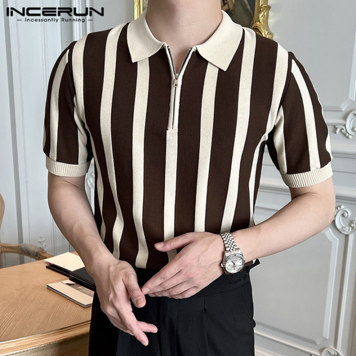 incerun-เสื้อบุรุษลายทางสไตล์ฮิปฮอปเสื้อเชิ้ตทางการซิปเสื้อเชิ้ตแขนสั้น-henley-tops-สไตล์เกาหลี