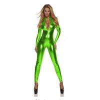 แขนยาว Zentai ชุดแคทสูทสีโลหะจั๊มสูทแบบยืดมีซิบคอสูงสำหรับผู้หญิงชุดเต้นรำแบบมีเสาเครื่องแต่งกายวันฮาโลวีน