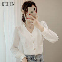 REHIN เสื้อวาฟเฟิลคอวีสำหรับผู้หญิง,เสื้อแขนยาวดีไซน์สวยหวาน