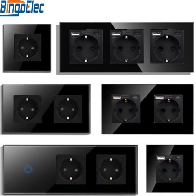 Bingoelec Touch Light Switch EU Socket with USB Type-c Interfaces Wall Touch Switches 1/2/3Gang 1Way Glass Panel Blue Backlight