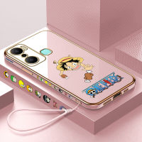 เคสใส่โทรศัพท์ Vivo V27e Infinix ร้อน20 Play X6825 V27e Vivo ร้อน20play ฟรีสายคล้อง + การ์ตูนอนิเมะลูฟี่ปลอกลวดลายขอบสี่เหลี่ยมชุบเคสโทรศัพท์หรูหราชุบเคสใส่โทรศัพท์นุ่ม