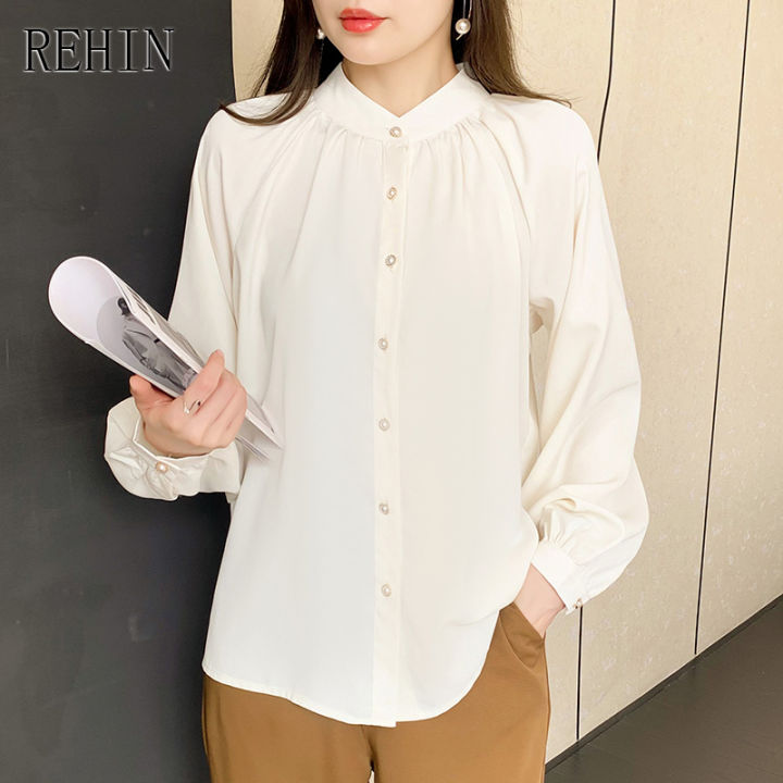 rehin-ของผู้หญิงฤดูใบไม้ร่วงใหม่เสื้อแขนยาวซอกคอสูงย้อนยุคฝรั่งเศสแขนโคมไฟชุดทำงานที่สง่างามเสื้อ