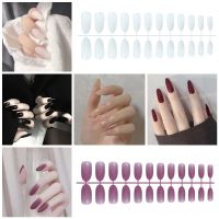 【With Glue】24 Pcsset Fake Nails Art Long Oval False Nail Transparent Solid Color Acrylic Nail Set