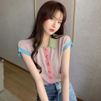 Knitted Shirt Women Korean Style Fashion Blouse New Design 2023 Summer Short Sleeve Slim Tops