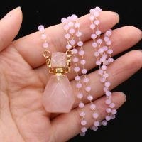 Natural Semi-precious Stone Rose Quartz Powder Crystal Perfume Bottle Pendant Necklace Ladies Party Wear Holiday Gift Chain 80CM