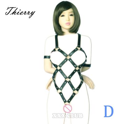 Thierry Female Pu Leather Flirting Body Harness Chastity Belt Connected Arm Cuffs, Fetish Bondage Rope for Adult Games