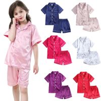 6M-11Y Baby Girls Boys Pajamas Set Satin Silk Kids Short Sleeves Sleepwear Pjs 2 Pieces Button Down Classic Loungewear Shorts