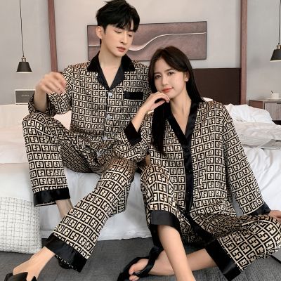 Jxgarb Spring Autumn New Satin Letter Cross Female Male Couples Pajamas Sets Fashion Women Men Lovely Ice Silk Sleepwear