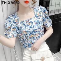 New summer trendy puff sleeve heavy Beaded Neck Floral Short Sleeve Womens Blouse