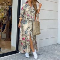 Womens Fashion Floral Print Shirt Maxi Dress Sexy V Neck Bottoned Half Sleeve Zip Up Evening Party Summer Beach Sundress