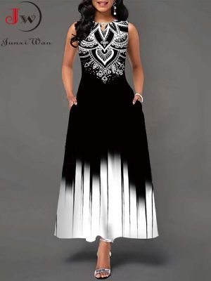 Summer Boho Long Dresses Women Elegant Sleeveless Casual Floral Print Beach Party Maxi Dress
