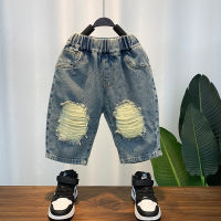 Boy Summer Denim Shorts 2023 New Childrens Clothing Handsome Ripped Cropped Pants Baby Loose Casual Pants