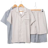 Summer cotton double gauze pajamas mens short-sleeved shorts suit mens pajamas lattice large size home service pajamas suit